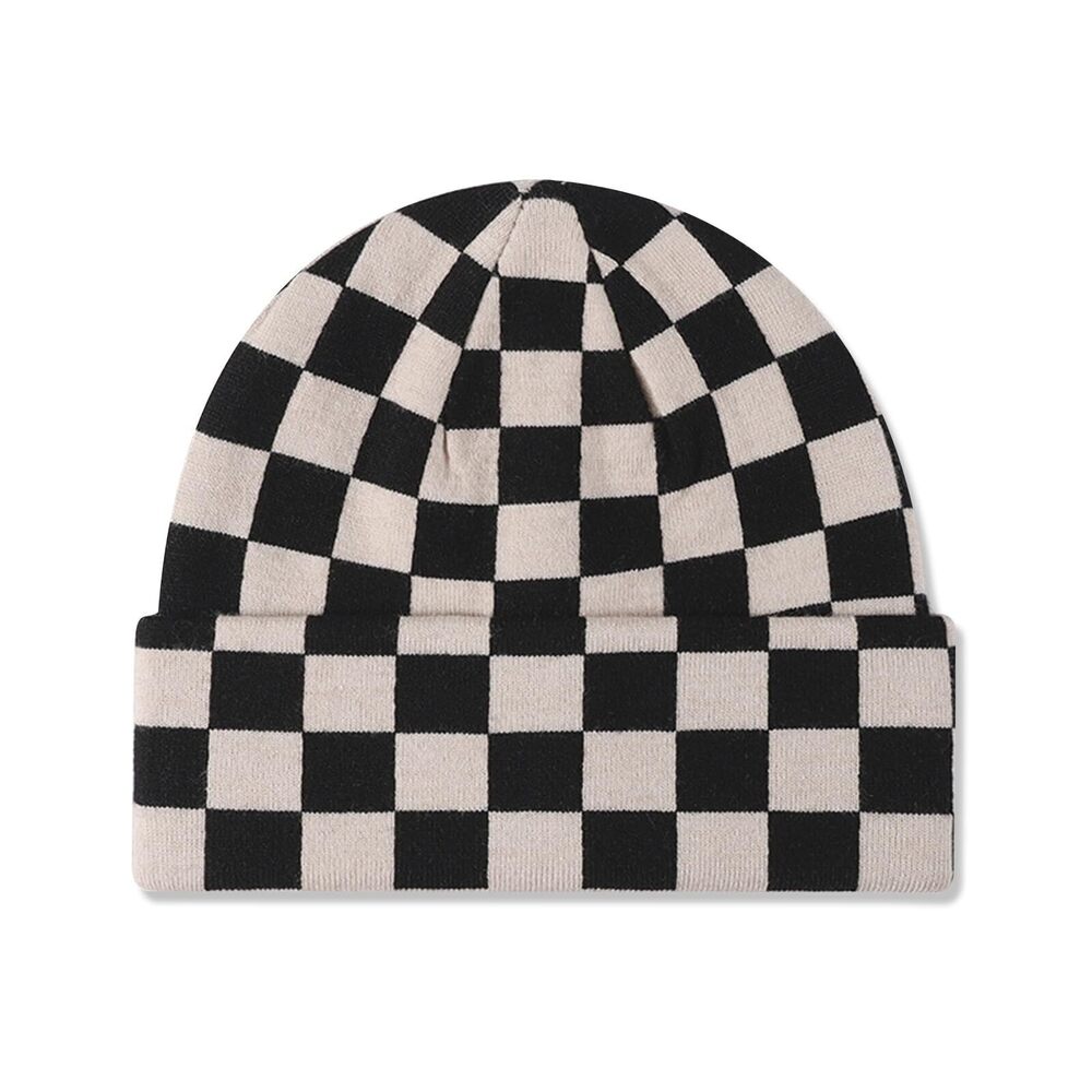 8691 Knitted Beanie - & Checkerboard Pattern Cuffed & Slouchy Stretchy Warm